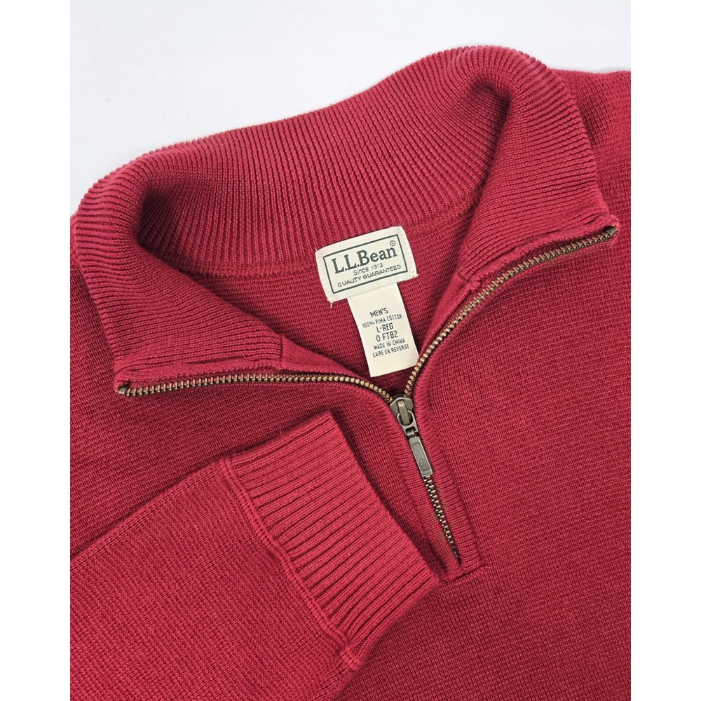 L.L. Bean 1/4 Zip Sweater Mens L Burgundy Knit Pullover Mock Neck Pima Cotton